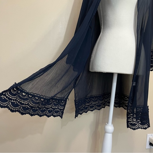 CJ Banks Navy Blue Sheer Open Cardigan Lace Crochet Trim - Picture 3 of 12